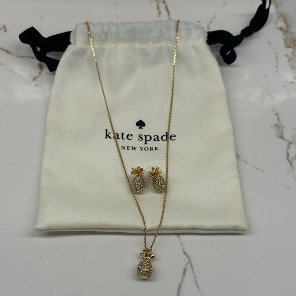 kate spade Jewelry - NEW Kate Spade By The Pool Gold Plated Pave Pineapple Necklace & Earrings Set